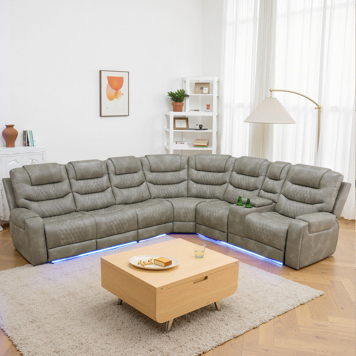 Power Air Leather Reclining Sofa with LED,Leather Recliner Sectional Couch for Living Room, Reclining Couches with Cup Holders Hide-Away Storage (Grey, Sectional) Pon Living Furniture Inc
