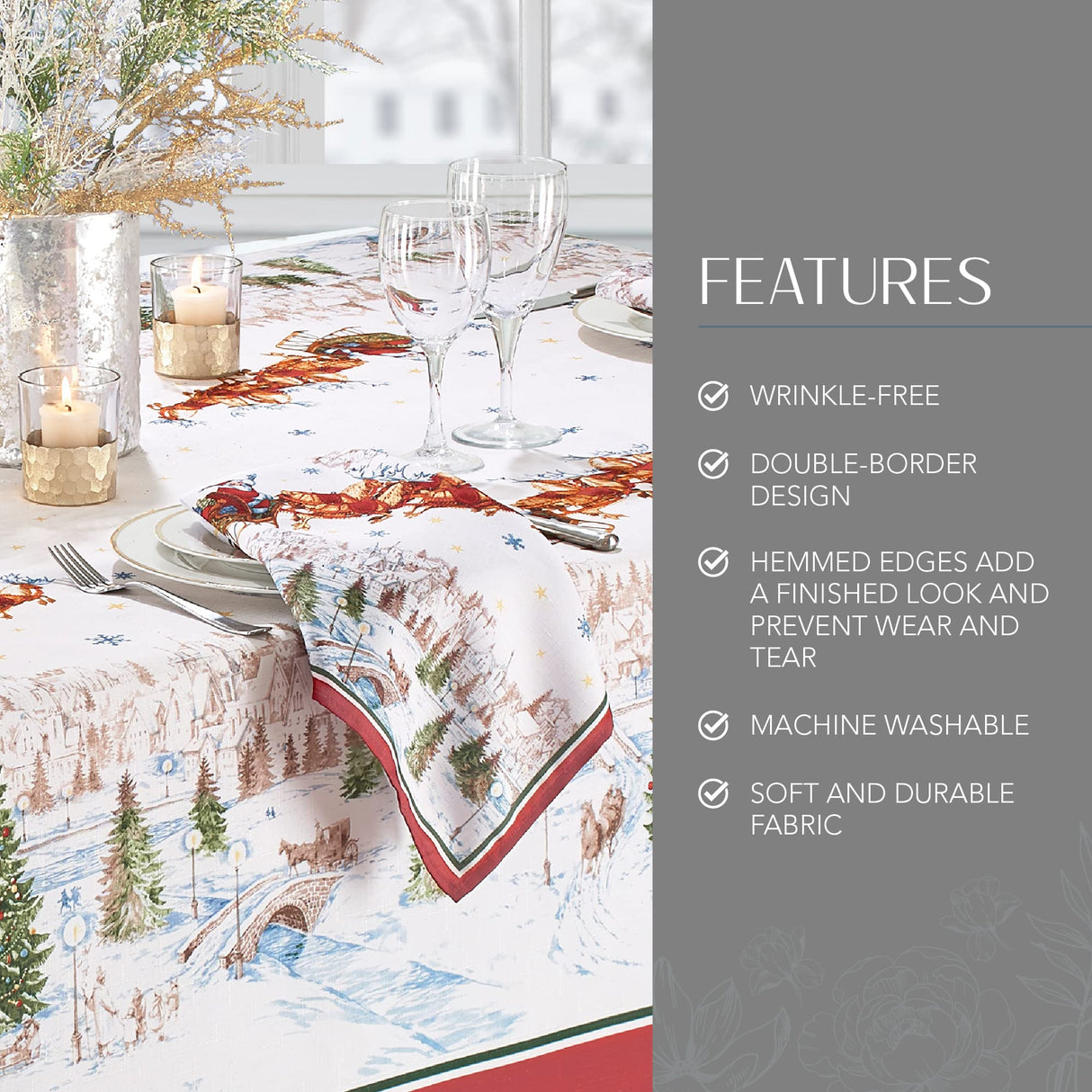 Elrene Home Fashions Santa Snowy Sleighride Wrinkle Resistant Holiday/Christmas Tablecloth, 60"X120", Rectangle Elrene