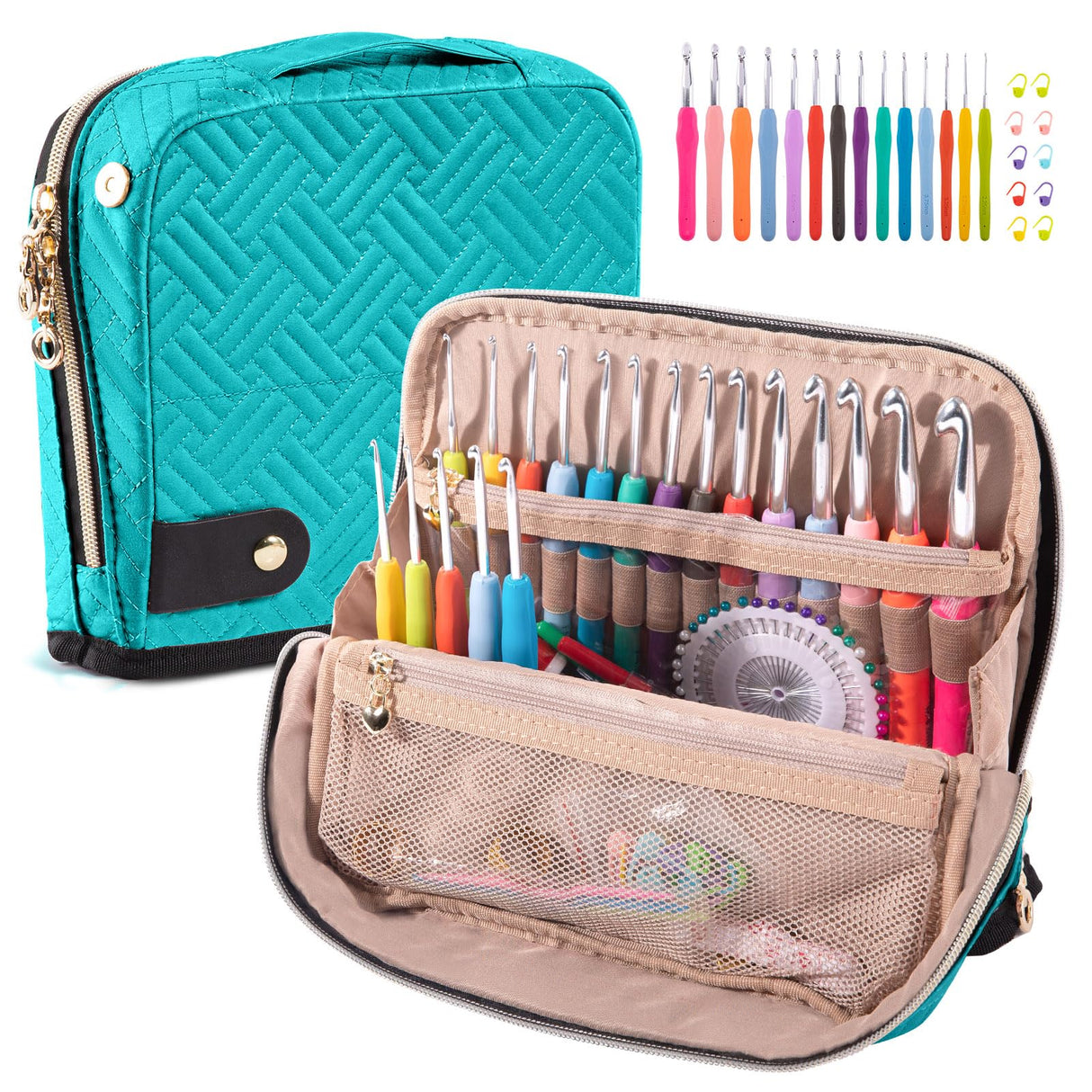 MYBAGZING Crochet Hook Case with 14 Size Crochet Hooks Set 2mm(B)-10mm(N) Ergonomic Crochet Hooks with Crochet Case Stand Up - Crochet Hook Organize for Crochet Lovers, Crochet Kit for Beginners MYBAGZING