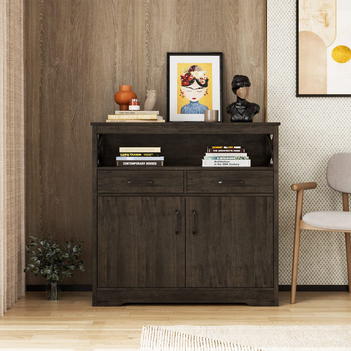 HOSTACK Modern Farmhouse Buffet Sideboard, Kitchen Storage Cabinet with Shelves and Doors, Wood Buffet Cabinet with Drawers, Coffee Bar, Floor Cabinet Cupboard for Living Room, Dark Brown HOSTACK