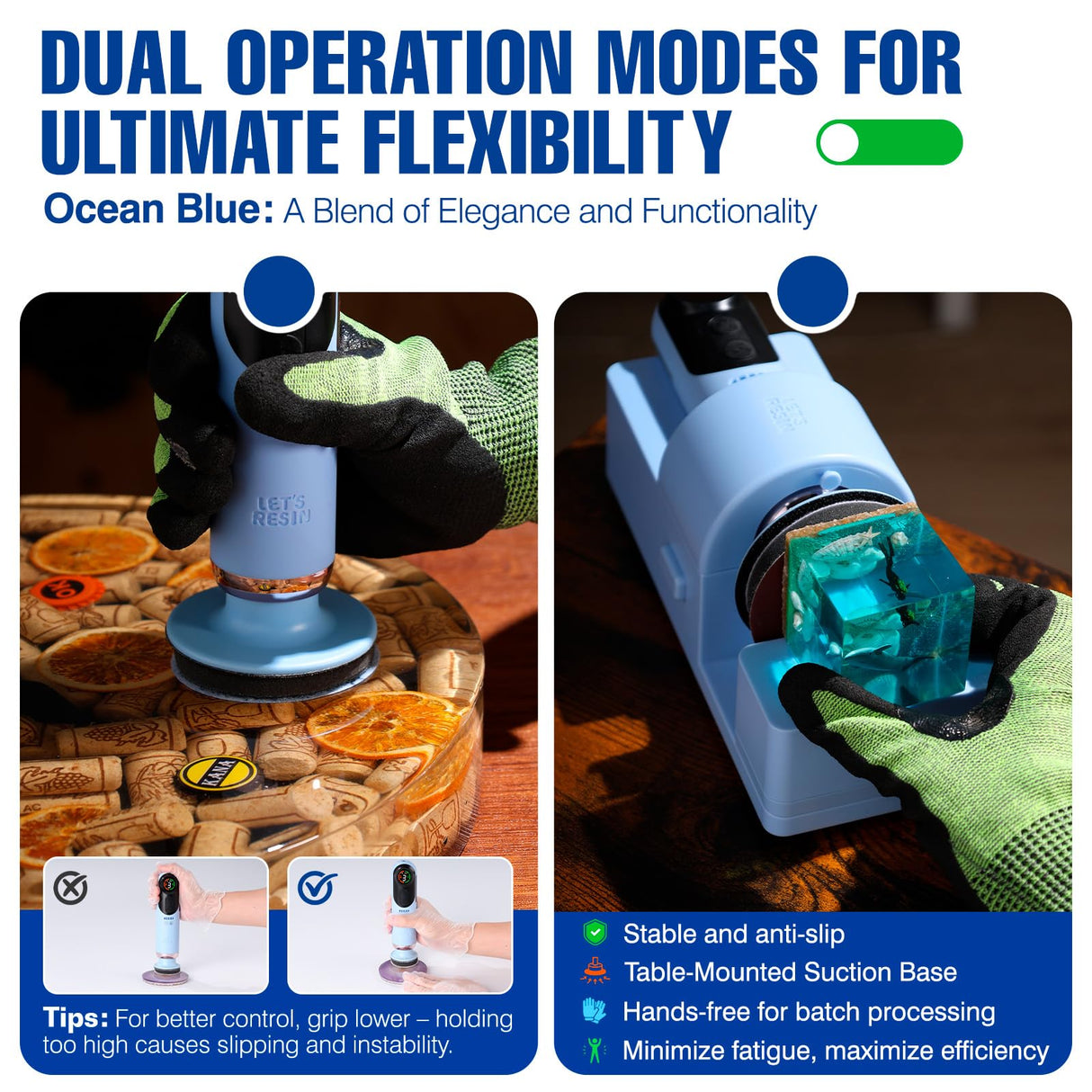LET'S RESIN 4-in-1 Electric Resin Sanders and Polisher, 2000mAh*2 Large Battery Capacity, Powerful 3-Speed, LCD Display, Compact and Lightweight for Resin Grinding, Glass, Metal, Jade,etc LET'S RESIN