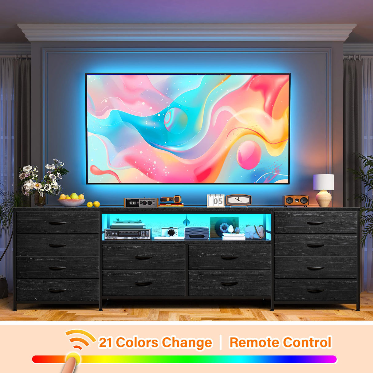 EnHomee 12 Drawer Dresser TV Stand for 65 70 75 Inch TV 63" W Extra Long Black Dresser for Bedroom with LED Lights & Power Outlets Entertainment Center with Drawers, Fabric Dresser for Closet EnHomee