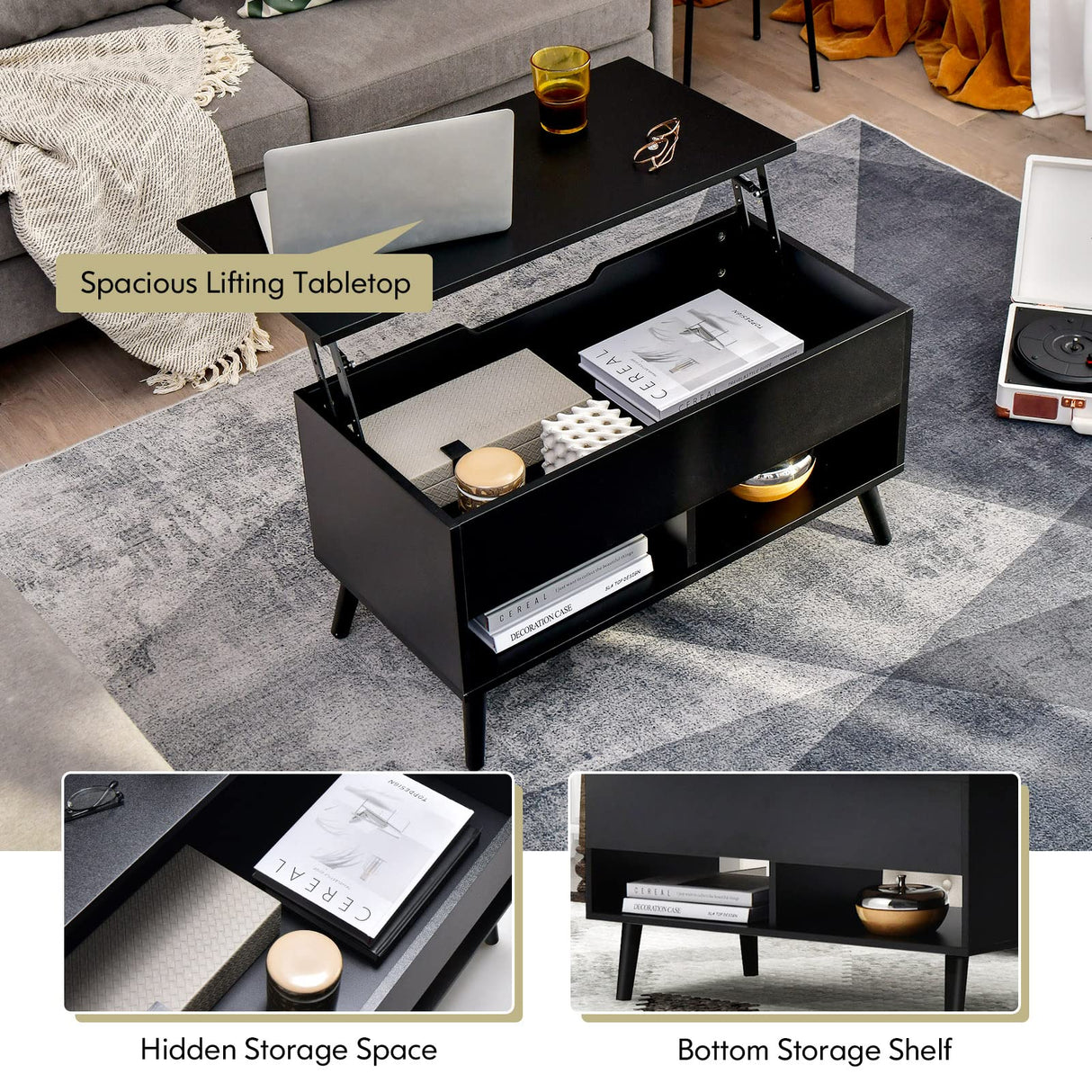 Tangkula Lift Top Coffee Table, Modern Cocktail Table with Hidden Compartment & 2 Open Shelves, Flip Top Center Table, Wooden Pull up Coffee Table for Living Room, Reception Room, Office (Black) Tangkula