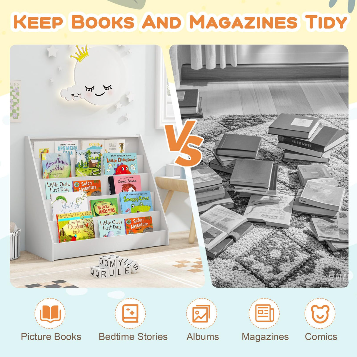 Costzon 5-Tier Kids Bookshelf, Wooden Children Bookcase, Toddler Book Rack, Magazine Storage & Display Shelf, Book Shelf for Kids Room, Living Room, Nursery, Classroom (White) Costzon