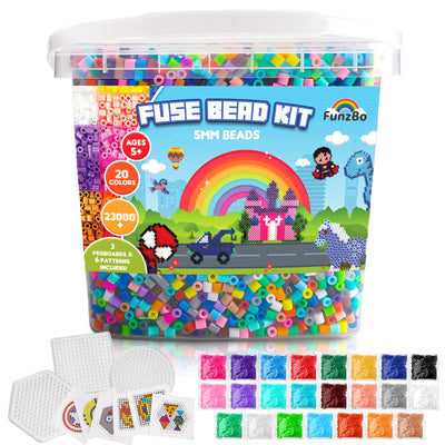 FUNZBO 23000+ 5mm Fuse Beads Kit - 23 Colors Refill Set with 3 Pegboards and 6 Patterns, Beads Crafts for Kids, Arts and Crafts Project, Toys Gifts for Girls and Boys Aged 5+ Years Old Gifts