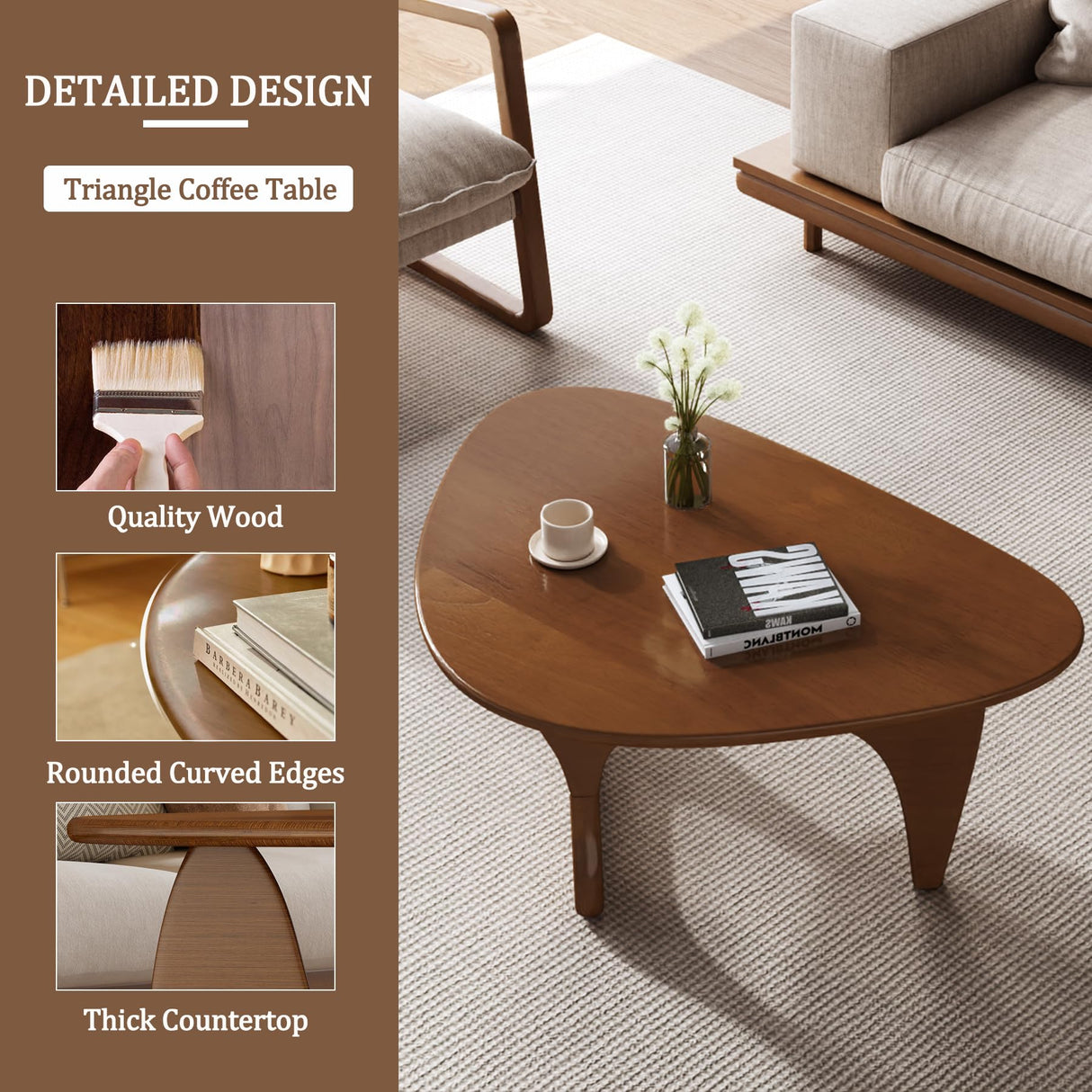 Wood Coffee Table, Mid Century Modern Triangle Coffee Table for Living Room, Rustic Solid Wood Legs and Tabletop, Farmhouse Walnut Accent Center Table for Small Spaces DESYIFO
