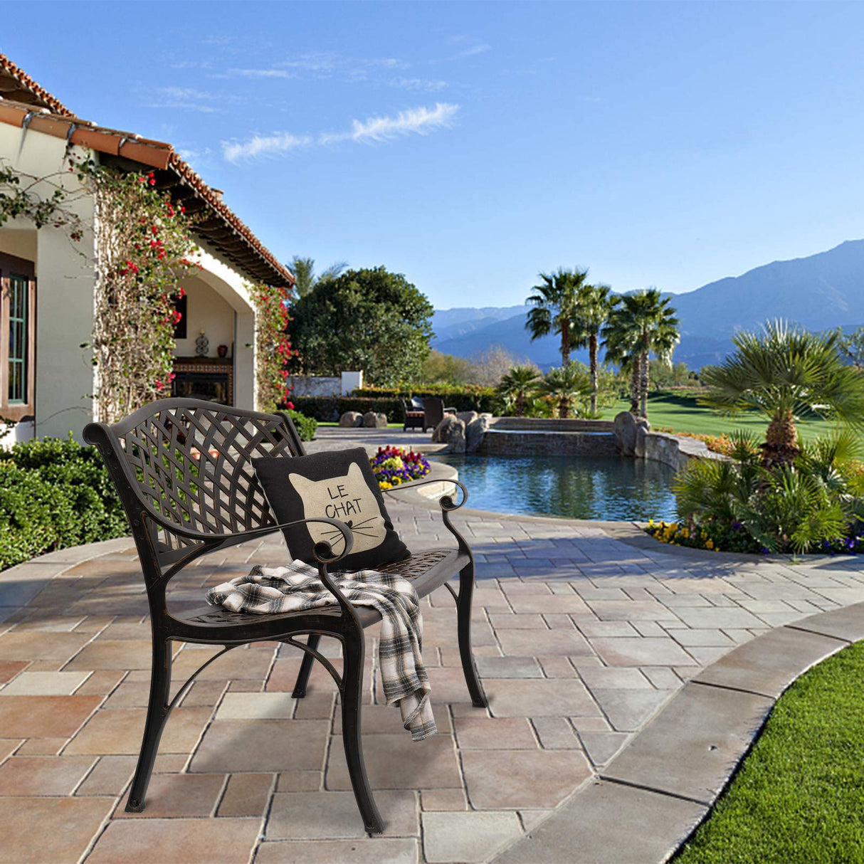 VINGLI 40.5" Patio Garden Bench,Anti- Rust Cast Iron Cast Aluminum Frame for Outdoor Path Yard Lawn Work Entryway Decor Deck (Brown) VINGLI