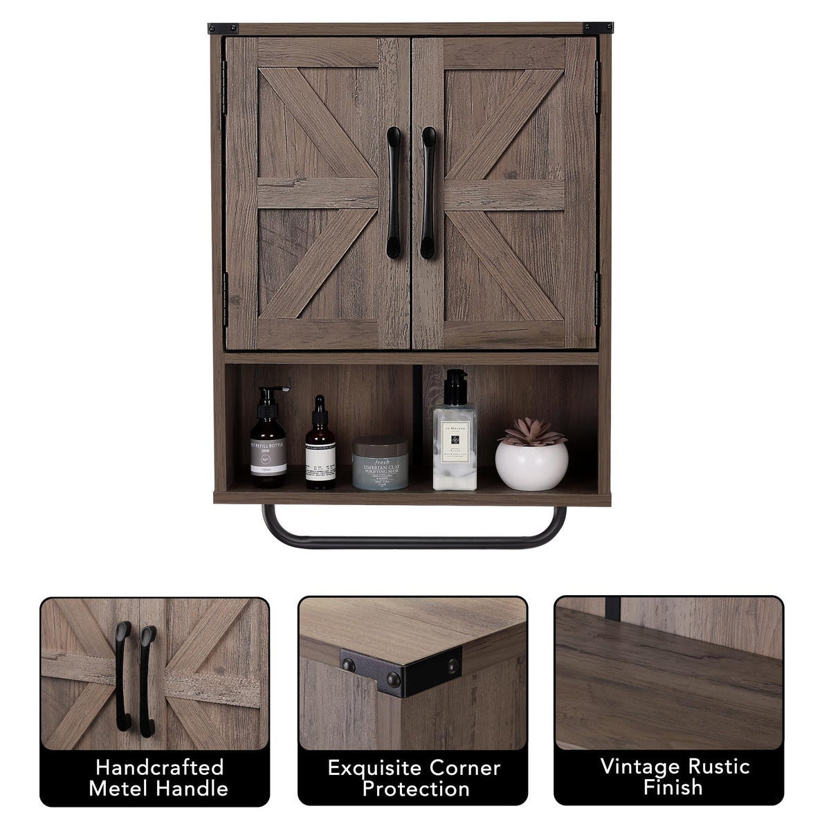 RUSTOWN Farmhouse Wall Storage Cabinet with Two Barn Door, Rustic Mounted Medicine Cabinet with Adjustable Shelf and Towel Bar, 3-Tier Wood Cabinet for Kitchen, Bathroom, Living Room (Washed Oak) RUSTOWN
