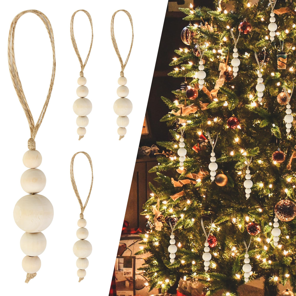 24 Pcs Christmas Tree Ornaments Wood Bead Hanging Decorations Farmhouse Natural Bead Garland Rustic Small Wooden Boho Holiday Minimalist for Neutral Scandi Xmas Tree Hanging Party Decor AllReal