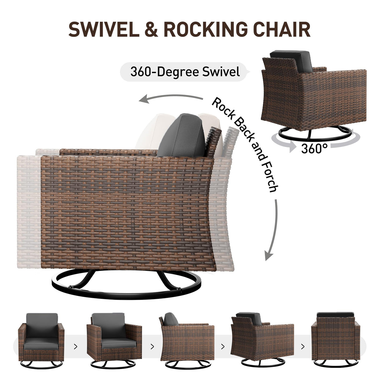 UDPATIO Patio Furniture Set with Fire Pit Table, Rocking Swivel Chairs, 5 Pieces Outdoor Furniture Sets, All-Weather Wicker Outdoor Sectional Sofa with Waterproof Cover, 4'' Thickened Cushion, Grey UDPATIO