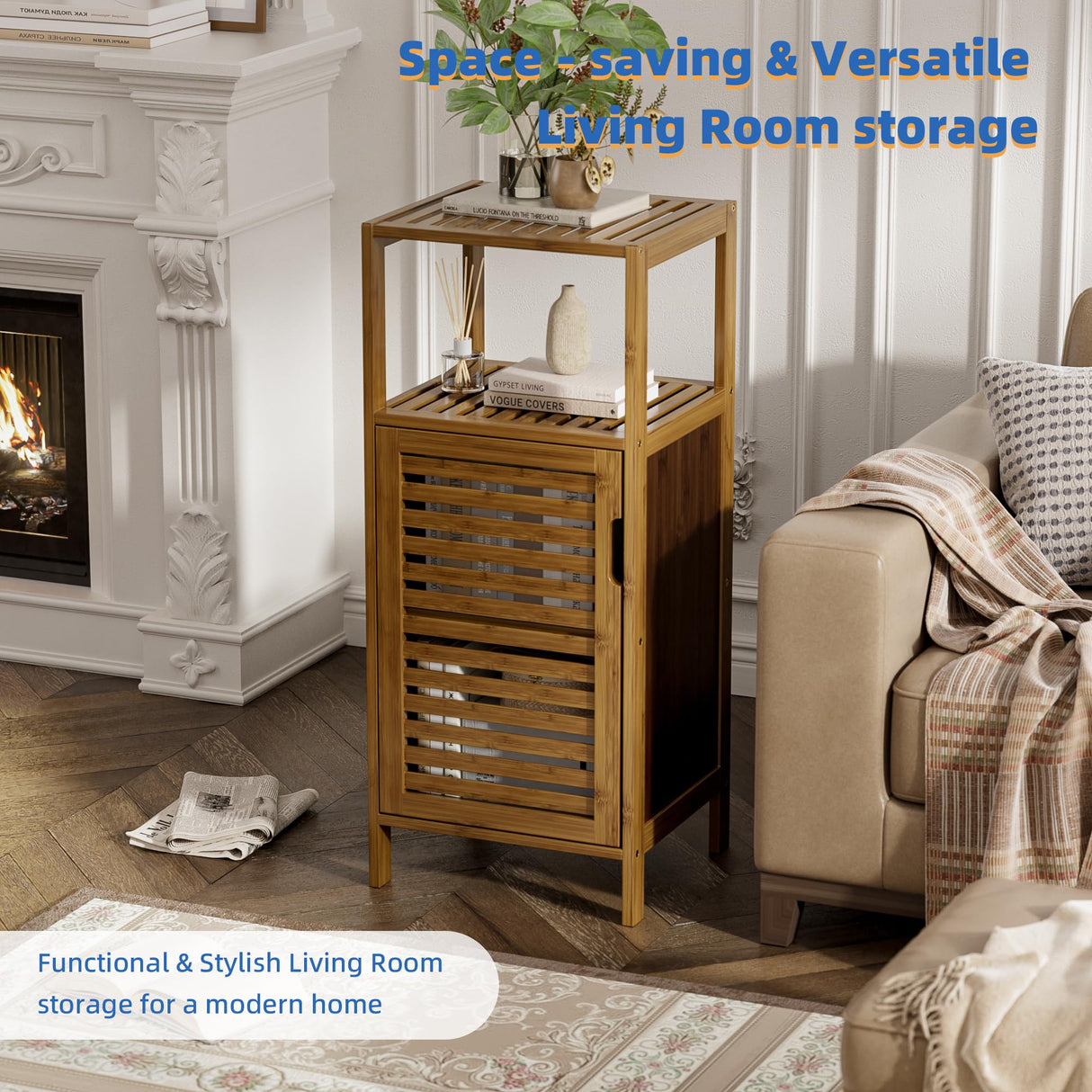 HITNET Bathroom Cabinet, Bamboo Floor Cabinet Free Standing, 4 Tier Sofa Side Storage Cupboard for Living Room Kitchen Bedroom, Walnut HITNET