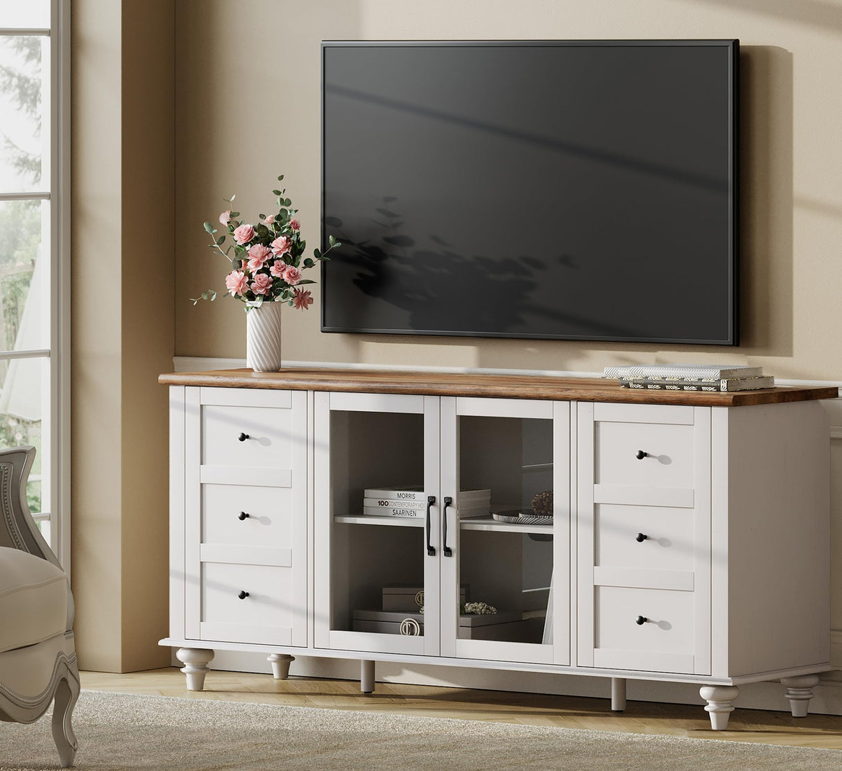 WAMPAT 4-Door Farmhouse TV Stand for TVs Up to 75 inch, Glass and Wood Universal TV Stand with 4 Storage Cabinets, White Entertainment Center for 32-75 inch TV Console Table,White WAMPAT