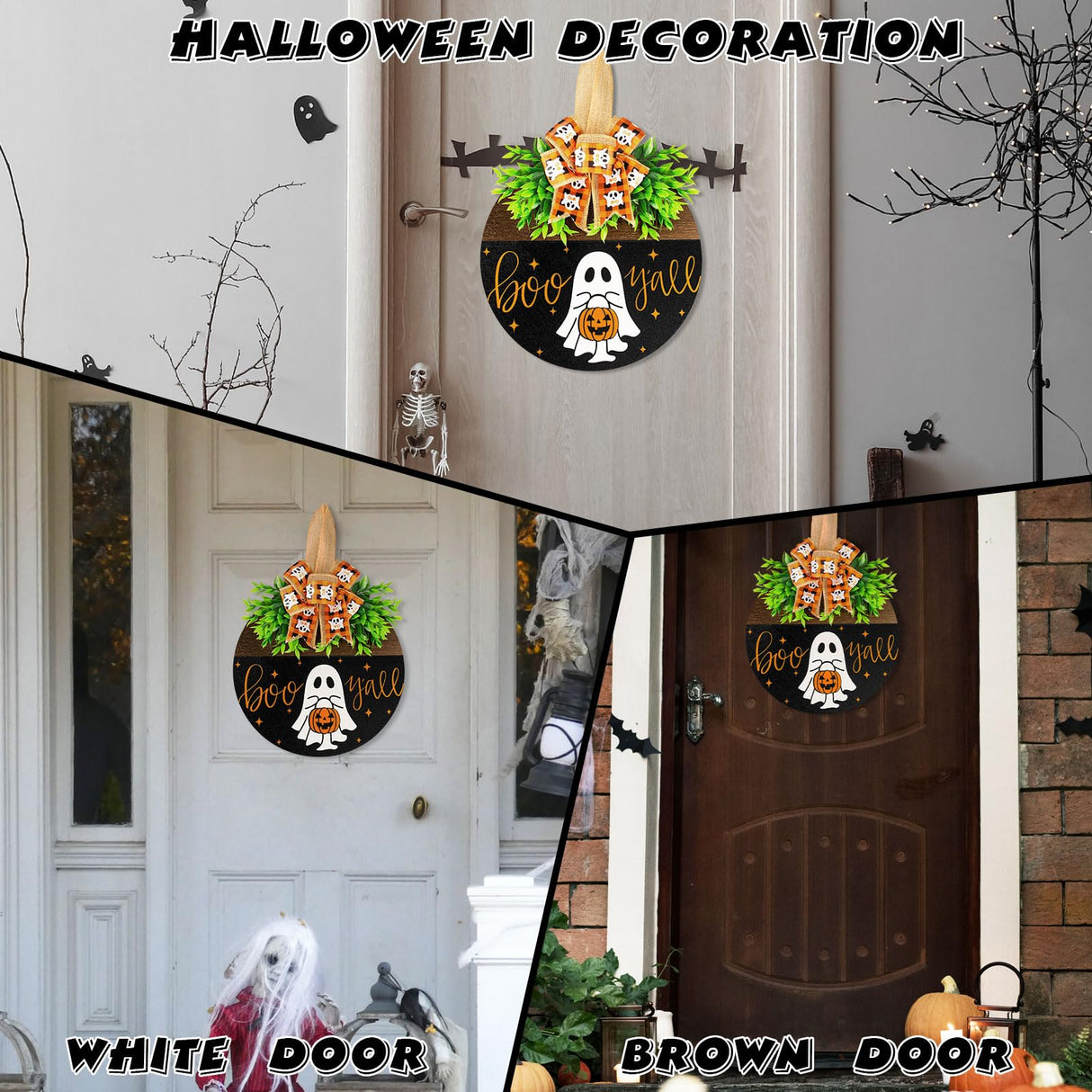 Halloween Wooden Welcome Sign for Front Door Hanging Spooky Ghost Boo Yall Sign with Bow Halloween Wooden Door Hangers Wreath for Farmhouse Home Window Outdoor Wall Party Decoration Supplies Denylo pro