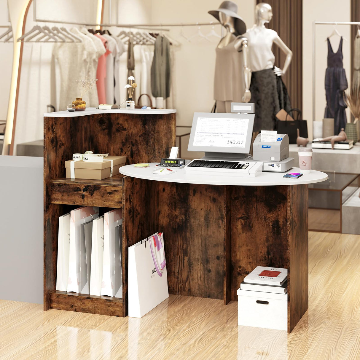 Giantex Reception Desk, Front Counter Desk with Lockable Drawer, Oval Tabletop & Adjustable Shelf, Retail Register Stand, Checkout Table for Office Beauty Salon Reception Room (White & Rustic Brown) Giantex