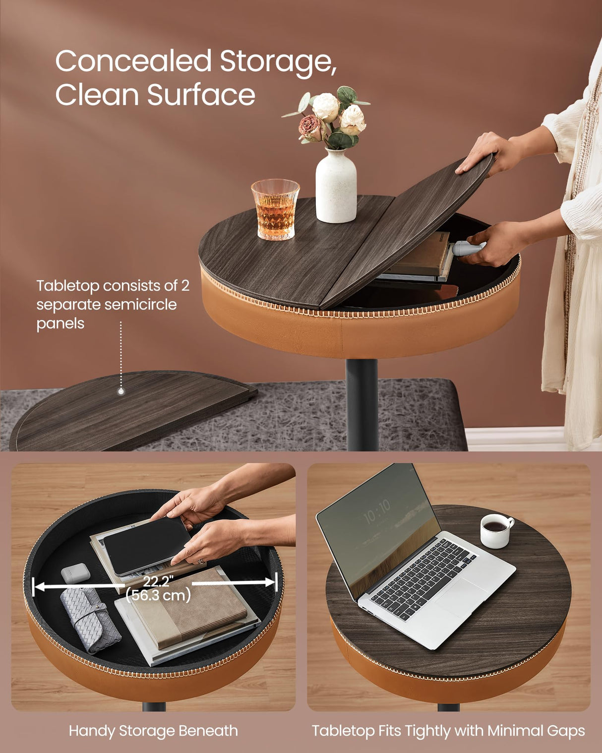 VASAGLE EKHO Collection - Height Adjustable Bar Table, Round High Pub Table with Storage, Synthetic Leather with Stitching, Mid-Century Modern, Kitchen Home Bar, Ash Brown and Caramel Brown VASAGLE