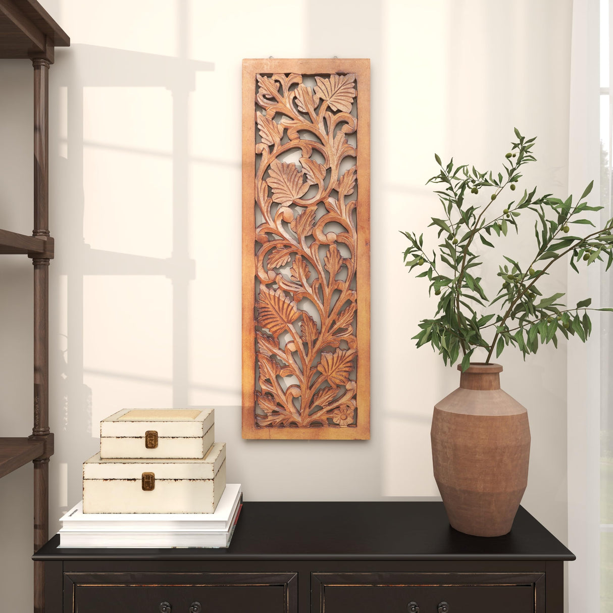 Deco 79 Wooden Floral Handmade Home Wall Decor Intricately Carved Acanthus Wall Sculpture, Wall Art 12" x 1" x 36", Brown Deco 79