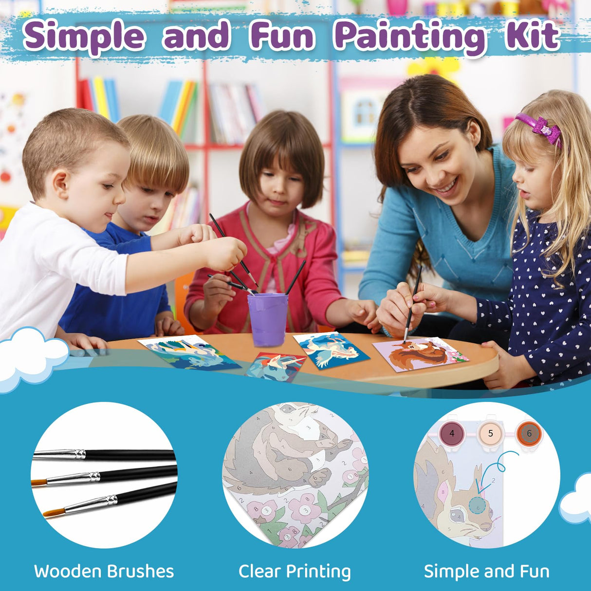 Nariolar 4 Pack Paint by Numbers Kit for Kids Ages 4-6 with 4.7X3.1inch Pre-Printed Cardboard,Acrylic Paint Pots and 3 Painting Brushes,Creative Gifts for Kids(Puppy and Panda Nariolar