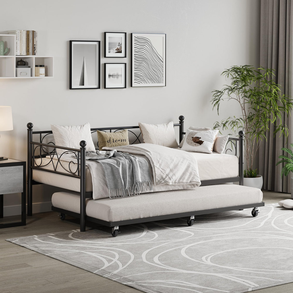 GarveeHome Daybed with Trundle Bed, Twin Size Day Bed with Floral Headboard, Metal Sofa Bed Frame with Pull-Out Trundle, Heavy Duty Steel Slats Supports, for Living Room, Guest Room, Modern Black GarveeHome