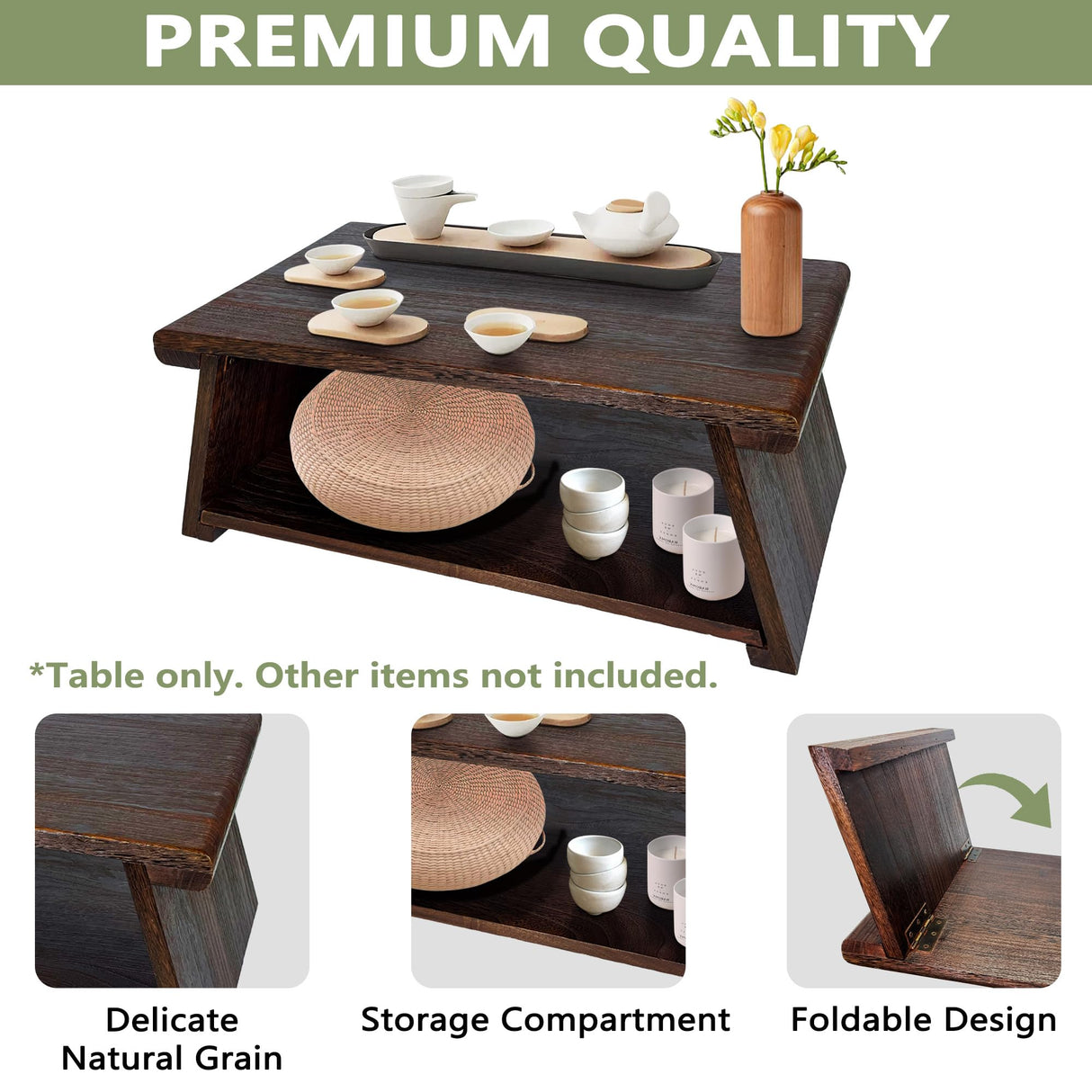 koretech Japanese Low Floor Table Folding Coffee Tables,23''x13.5'' Paulownia Wood Tables Tatami Tables Meditation Table Altar with Storage koretech