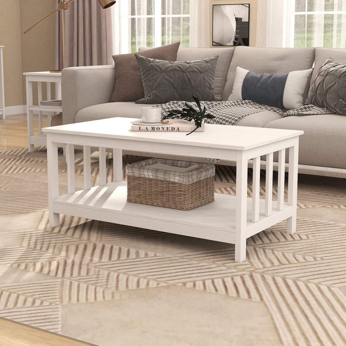 ChooChoo Farmhouse Coffee Table, Pure White Living Room Table with Shelf, 40 Inch ChooChoo