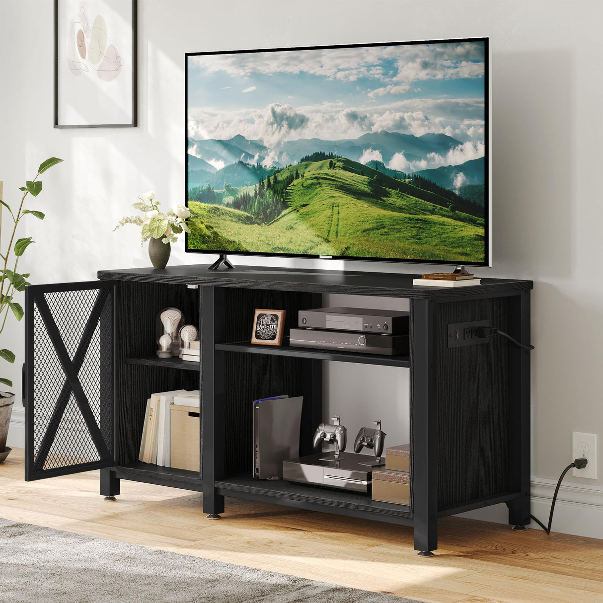 YITAHOME Farmhouse TV Stand for 50/55/60 Inch with Power Outlet, Wooden TV Media Console with Storage Cabinet for 860lbs, Rustic Entertainment Center Table TV Cabinet for Living Room, Black YITAHOME