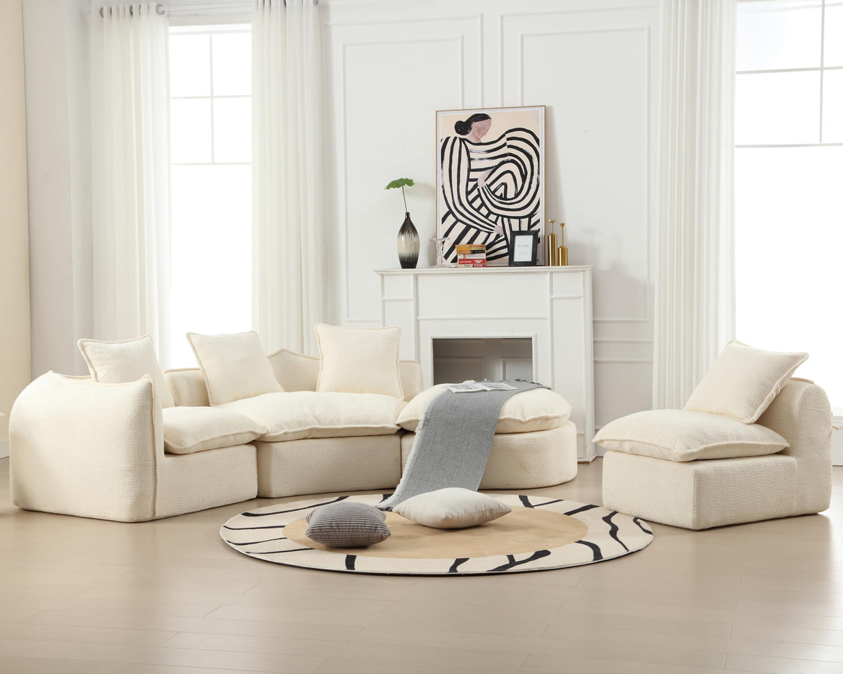 137.8” Curved Boucle Sofa Couch, Modern Sectional Sofa Cloud Deep Seat Couch with 4 Pillows, Comfy Modular 5-Seat Couches for Living Room Apartment (Beige) Haplized