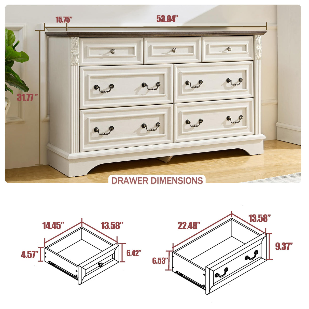 BOSHIRO 7 Drawers Dresser, Farmhouse Dressers for Bedroom, 54" Wide Wood Rustic Chest of Drawers with Carved Pilasters, Storage Organizer, Living Room, Hallway, Antique White BOSHIRO