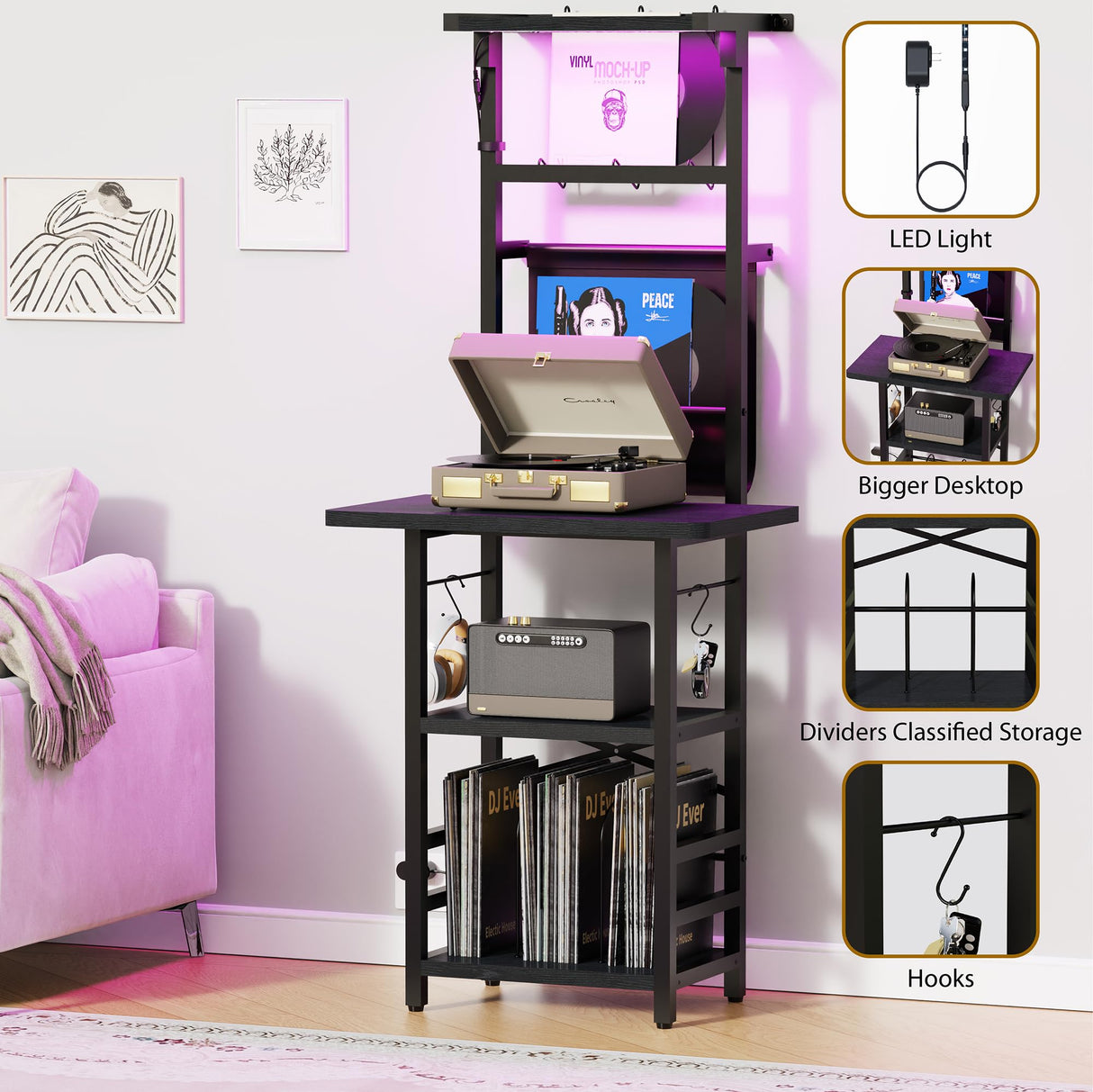 YAKANJ Record Player Stand with Led Light,Record Player Table with Vinyl Storage,Turntable Stand with Record Holder Vinyls Display Shelf for Music Room Studio,Black YAKANJ