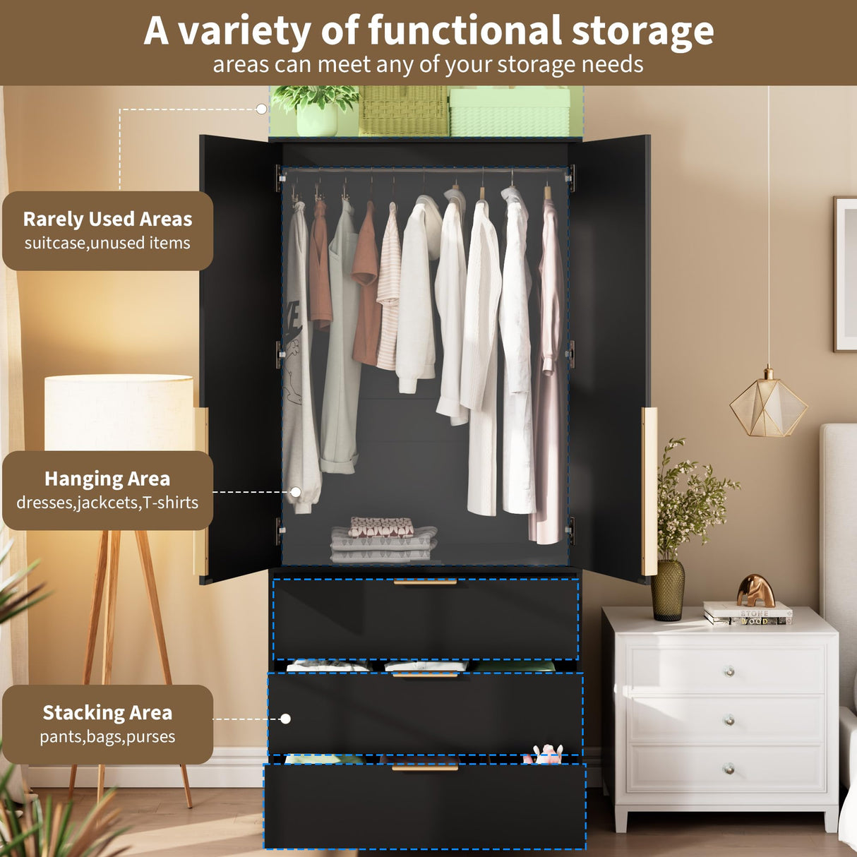 GarveeHome Armoire Wardrobe Closet, 69.5 in Wooden Wardrobe Cabinet with 3 Drawers, Hanging Rod, 2 Doors Clothing Storage Cabinet for Bedroom, Large Capacity Storage, Rattan Door, Black GarveeHome