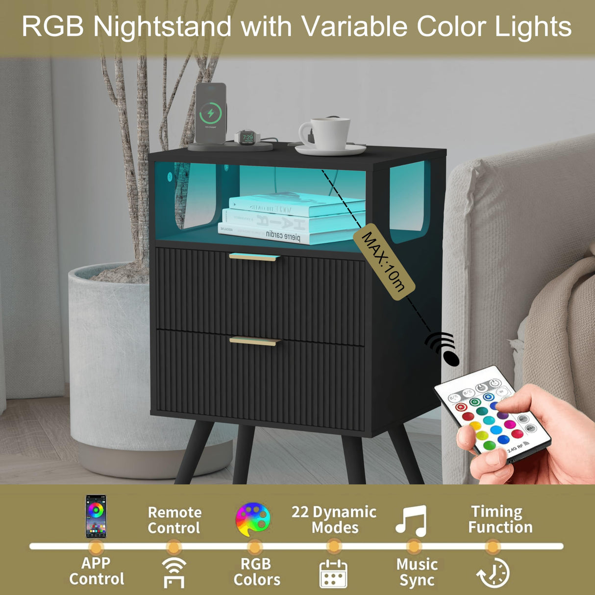 JOONEE Black Nightstand with Charging Station and LED Lights,Modern Bedside Table with 2 Storage Drawer and Open Wood Shelf, for Bedroom and Small Spaces,Night Stand with Solid Wood Legs,Black JOONEE