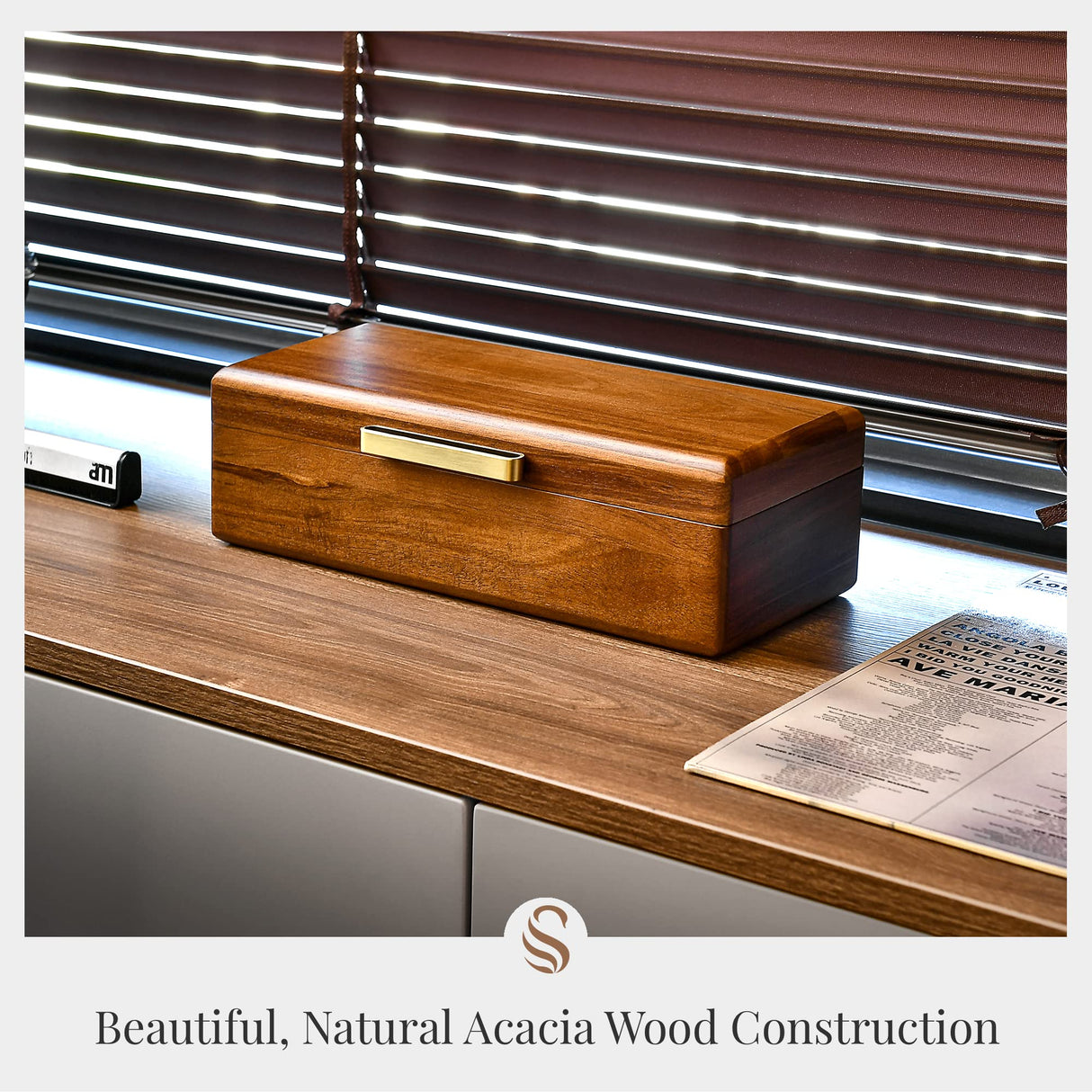 Shanik Wooden Watch Box for Men - Personalized Storage with 5 Slots for Watches, Soft Velvet Pillows, Natural Acacia Wood Without Engraving Shanik