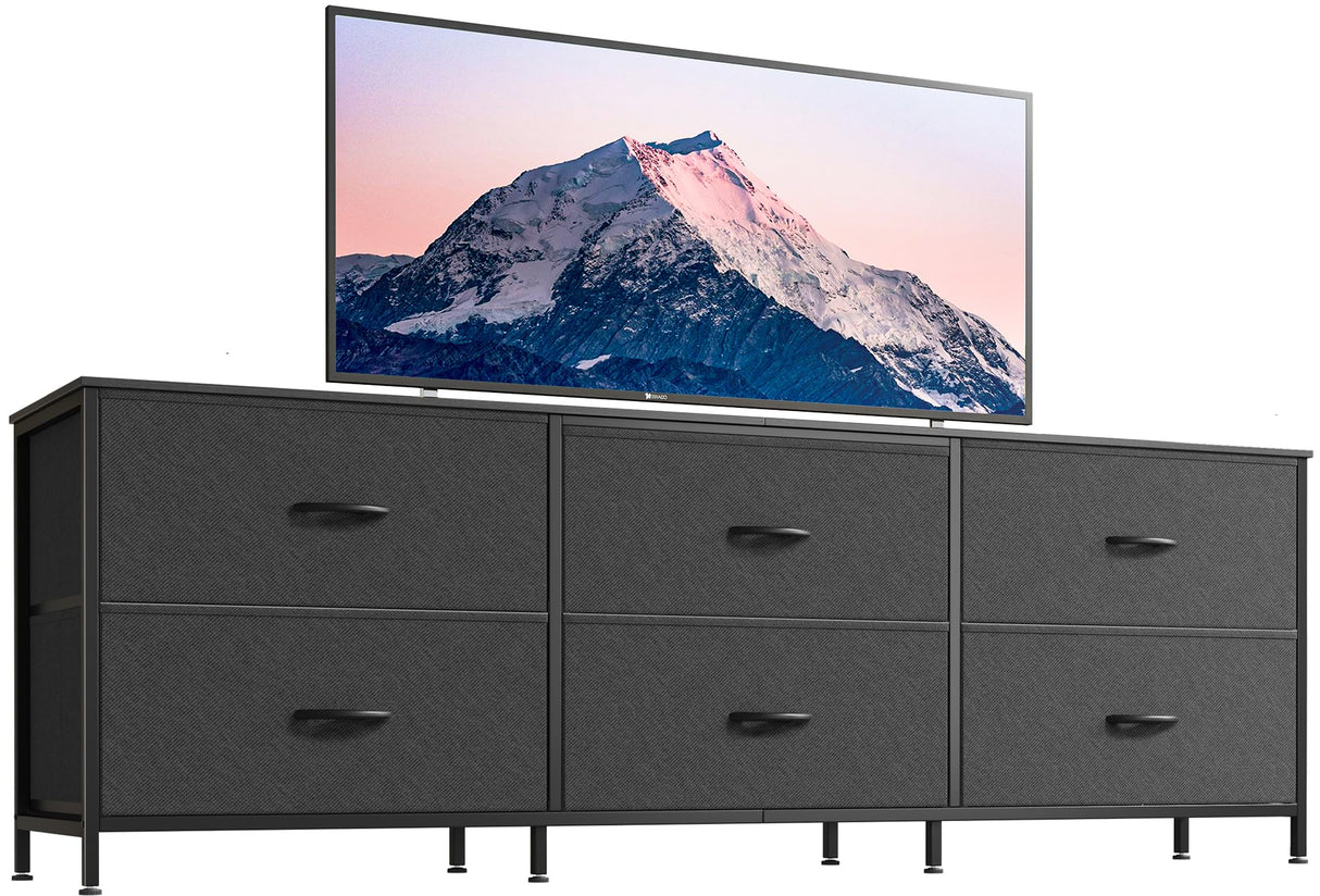 Huuger 63 Inch Long Dresser for Bedroom, Wide TV Stand for 55, 65, 70 Inch TV, 6 Drawer Dresser for Closet with Fabric Drawers, Storage Organizer for Bedroom, Entryway, Black Huuger