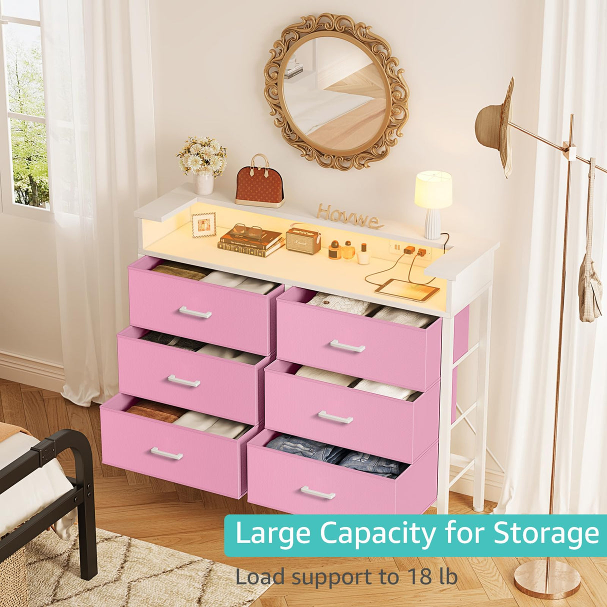 BOLUO Girls Dresser with LED Light and Charging Station for Bedroom 6 Fabric Drawer Dresser with USB Outlet Modern Pink BOLUO