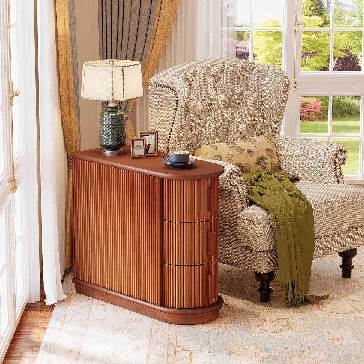 Tribesigns Set of 2 3-Drawer Solid Wood End Table, 2-Pack Modern Sofa Side Table, Narrow Chair Side Table Slim Nightstand for Living Room, Bedroom, Finished Back, No Assembly Required, Walnut Tribesigns