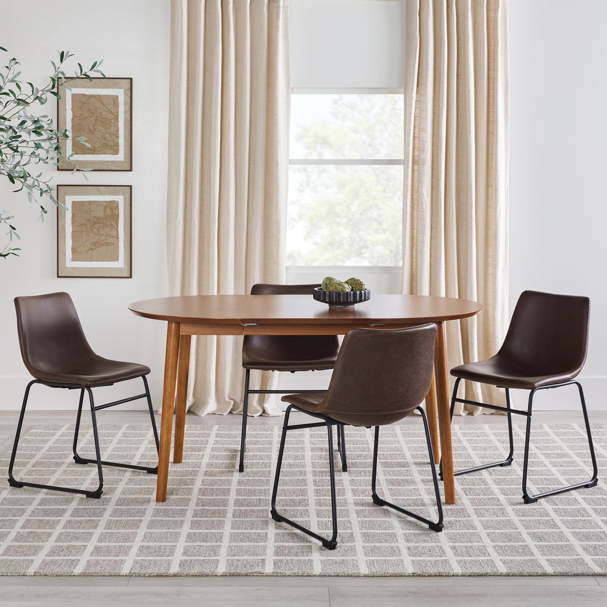 Walker Edison Mid Century Solid Wood Oval Extension Dining Table with Hairpin Legs and Removable Leaf, 60 Inch, Caramel Walker Edison