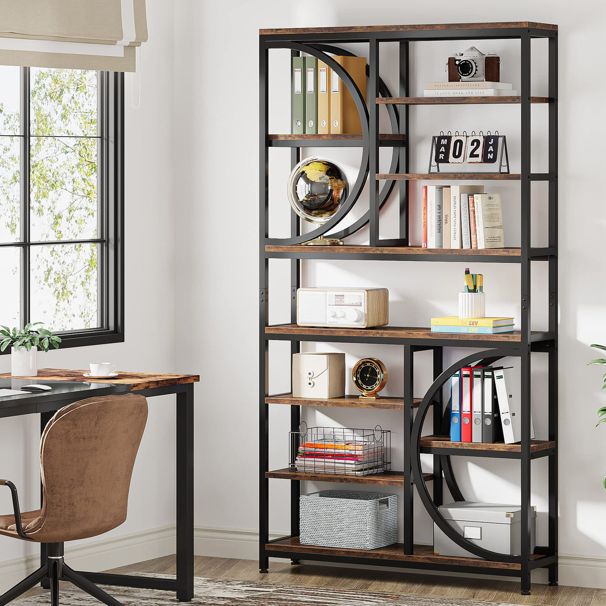 Tribesigns Industrial 8-Tier Etagere Bookshelf – 77-Inch Tall Open Display Unit in Brown/Black Tribesigns