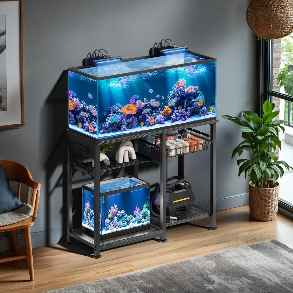 20-29 Gallon Aquarium Stand with 6 ft Power Strip, 5-Tier Metal Frame Fish Tank Stand 20 Gallon Fish Tank Stand 31.5" L*15.75" W Tabletop 400lbs Capacity (Pure Black, 20-29 Gallon) Kalrin