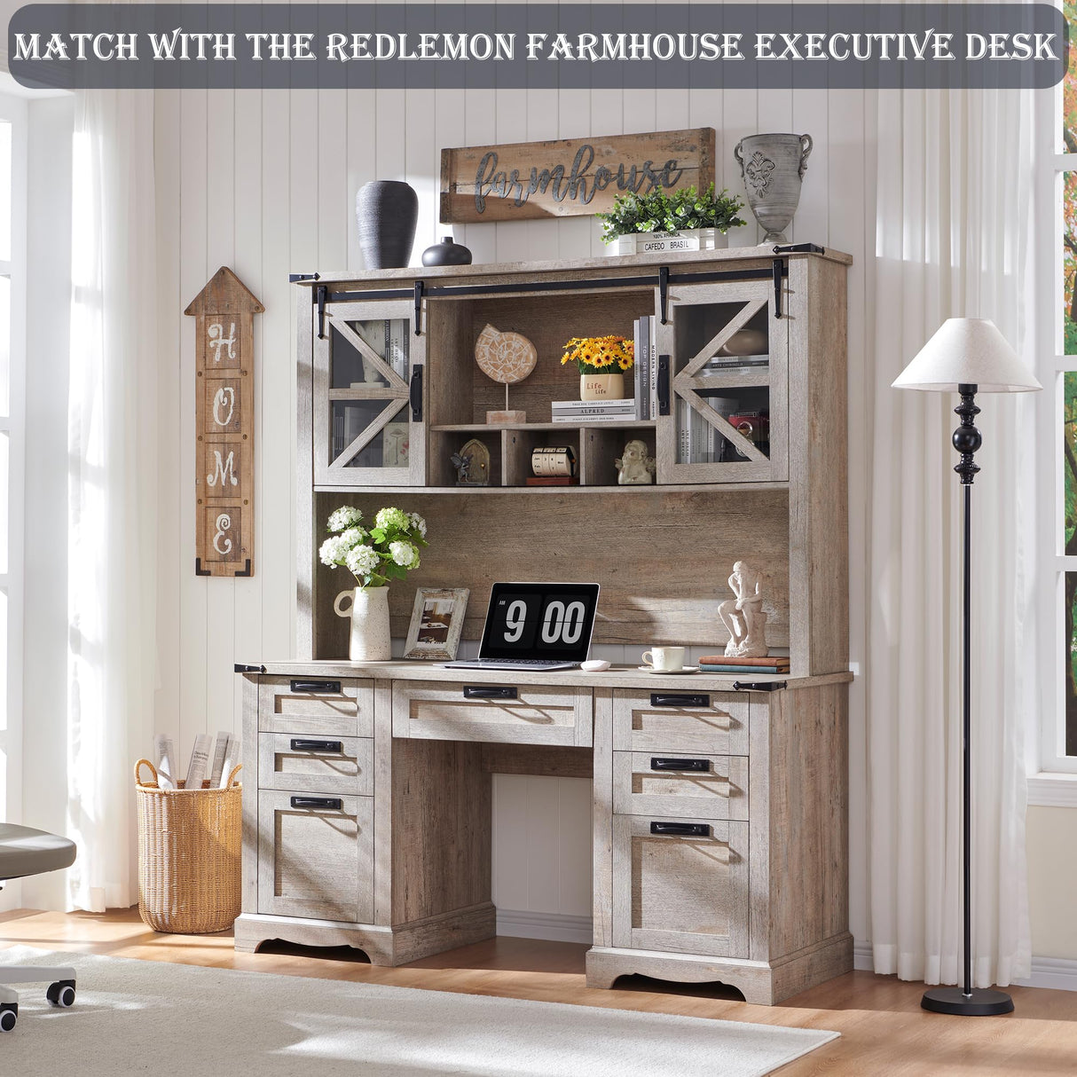 RedLemon 42" Farmhouse Desk Hutch with Sliding Barn Door and Ample Storage/Display Space, Only Match Farmhouse Desk (Light Rustic Oak) RedLemon