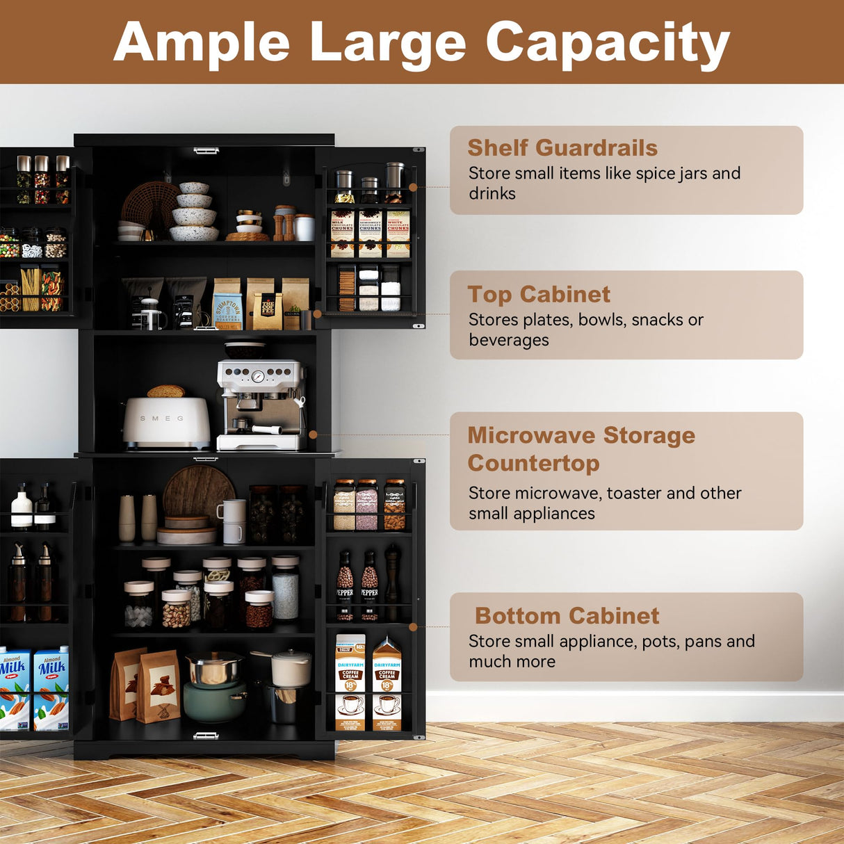 HLR 72" Kitchen Pantry Storage Cabinet, Freestanding Larder Cupboard, Kitchen Hutch Cabinet with Microwave Stand,Utility Pantry with Doors and Shelves for Dining Room, Living Room, Laundry HLR