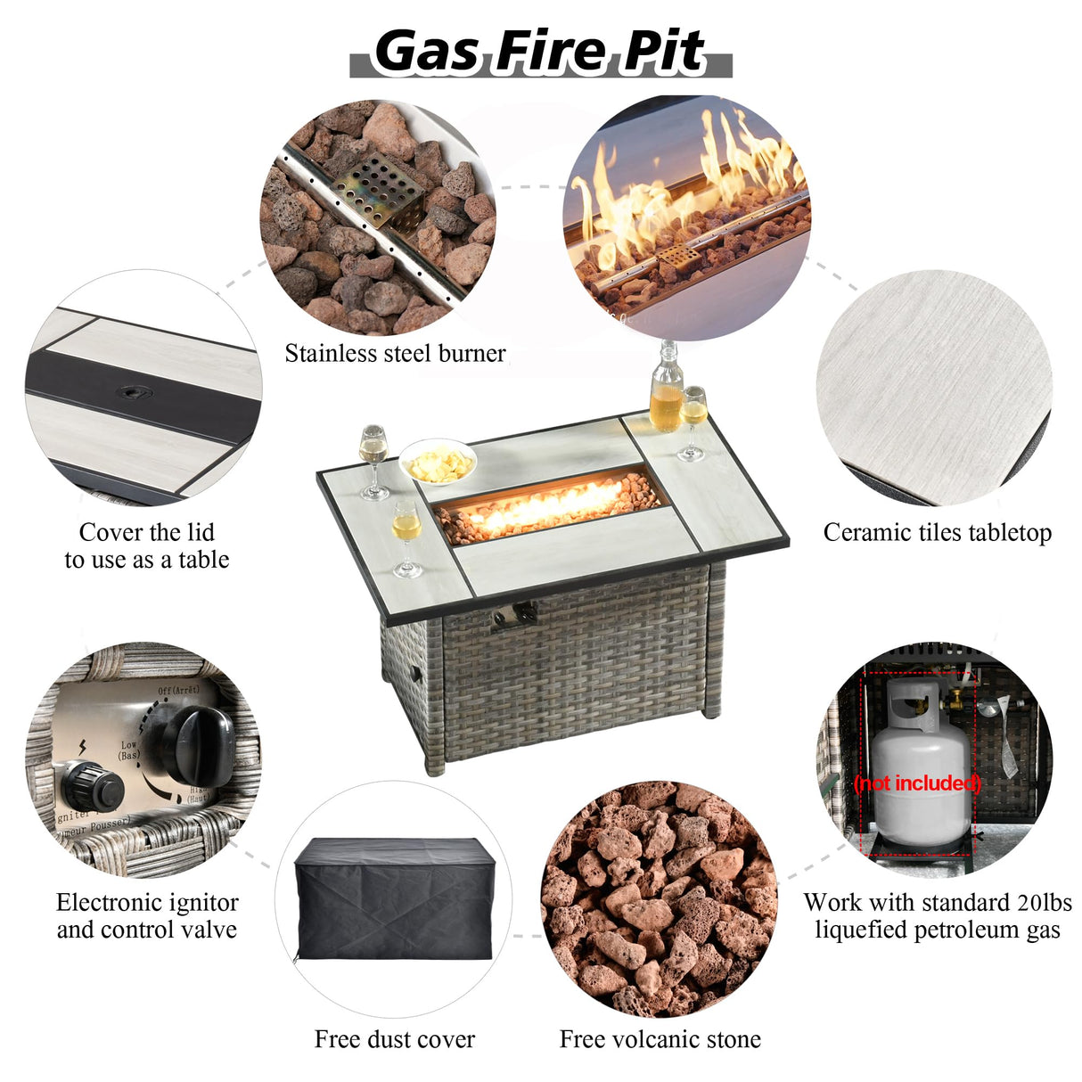 HOOOWOOO Outdoor Patio Sectional Furniture Sofa Set with Propane Fire Pit Table,13 Piece Large Modern Wicker Couch with Widened Armrest,Modular L Shaped Conversation Seating Set(Dark Grey) HOOOWOOO
