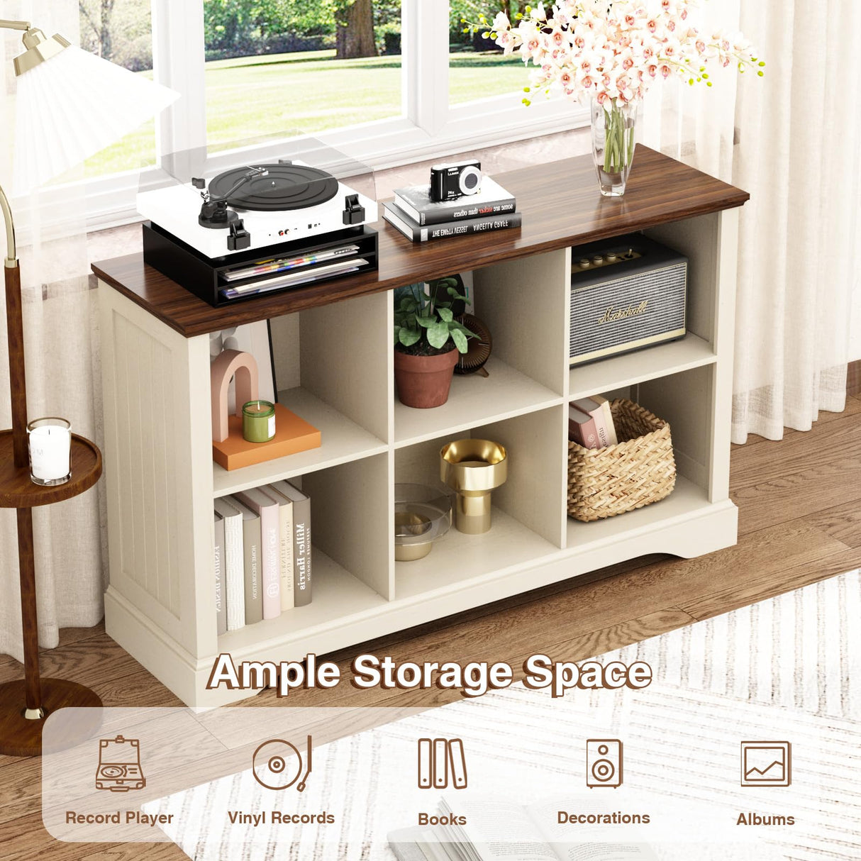 Athyrios 6 Cube Storage Organizer - 47.4" Farmhouse Wood Low Bookshelf, 3 Tier Horizontal Open Shelf Bookcase Cubby Storage Console Cabinet for Living Room, Entryway, Office, Antique White Athyrios