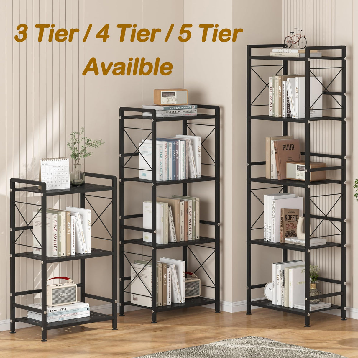 JSB 5 Tier Metal Bookshelf Bathroom Storage Standing Shelf Unit Kitchen Storage Organizer Display Rack Bookcases Shelves for Living Room, Bedroom, Office (Widen Black, 5 Tier) JSB