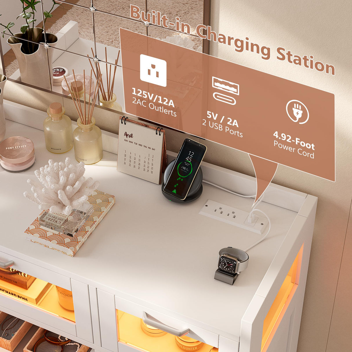 Alohappy 4 Drawers Dresser for Bedroom, Wood Chest of Drawers with Shelves Storage Cabinet, Modern Dresser with LED Lights and Charging Station for Living Room, Closet, Hallway, White Alohappy