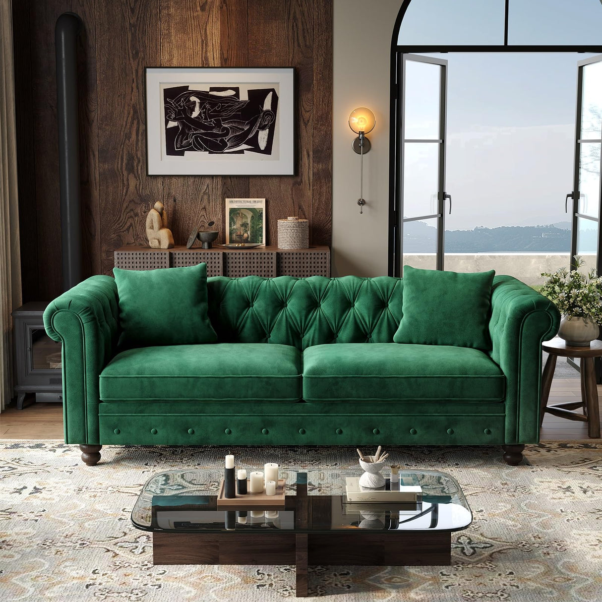 ONBRILL 82 Inch Chesterfield Sofa, 23 Inch Deep Seat Velvet Couch for Living Room, Button Tufted Couch with Rolled Arms, 2 Throw Pillows, Comfy Vintage Loveseat Sofa for Apartment, Green ONBRILL