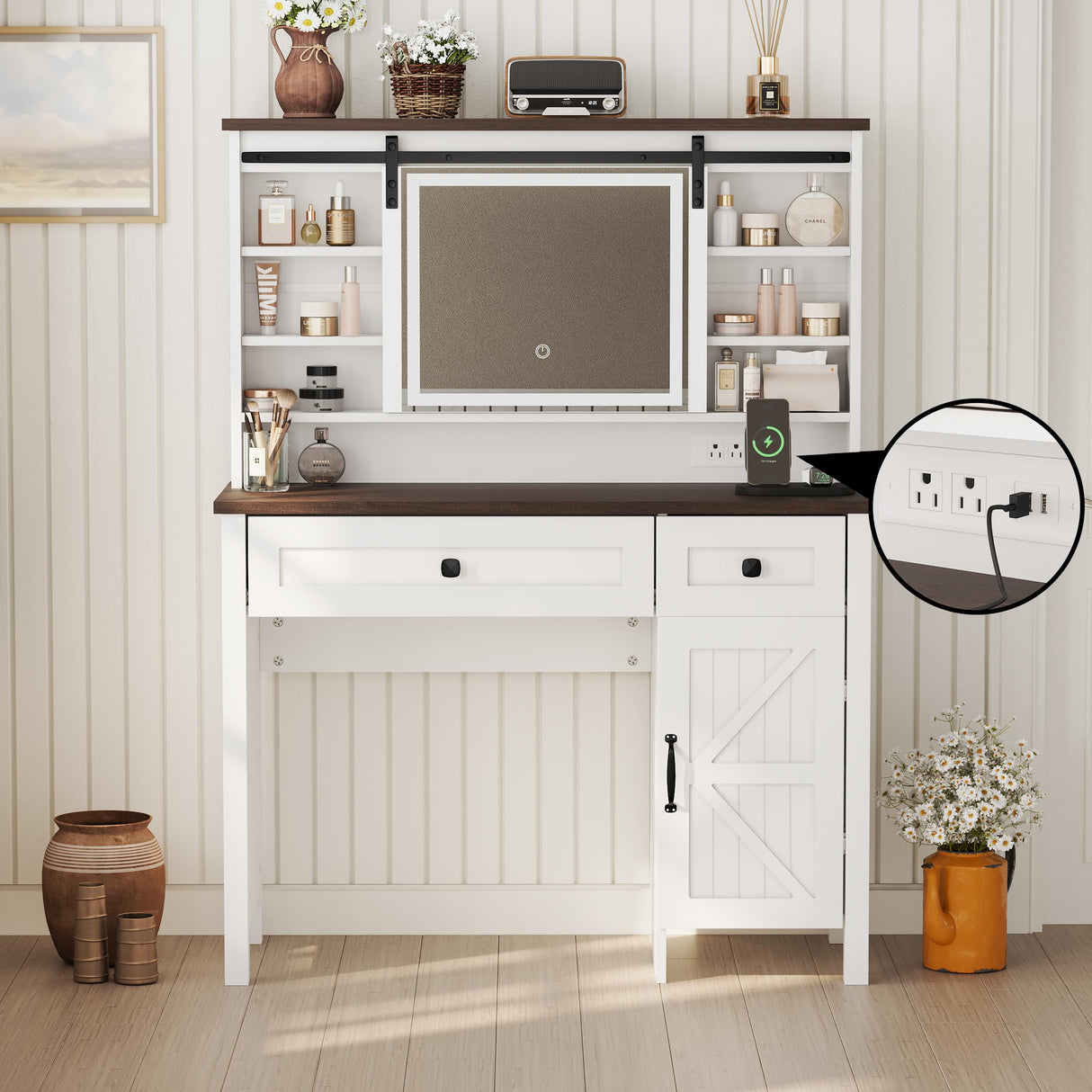 White Makeup Vanity Desk with Power Outlet 42"W Farmhouse Vanity Table with Sliding Mirror and Adjustable 3-Mode Lights Girls Dressing Table with Adjustable Shelves and Side Cabinet for Bedroom Algherohein