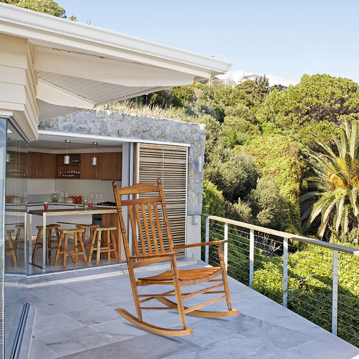 VINGLI Wood Rocking Chair Outdoor with 450 lbs Support Relaxing Rocker Solid Wood High Back Seat Reclining Seat for Deck, Garden, Backyard, Porch, Indoor or Outdoor Use, Oak VINGLI