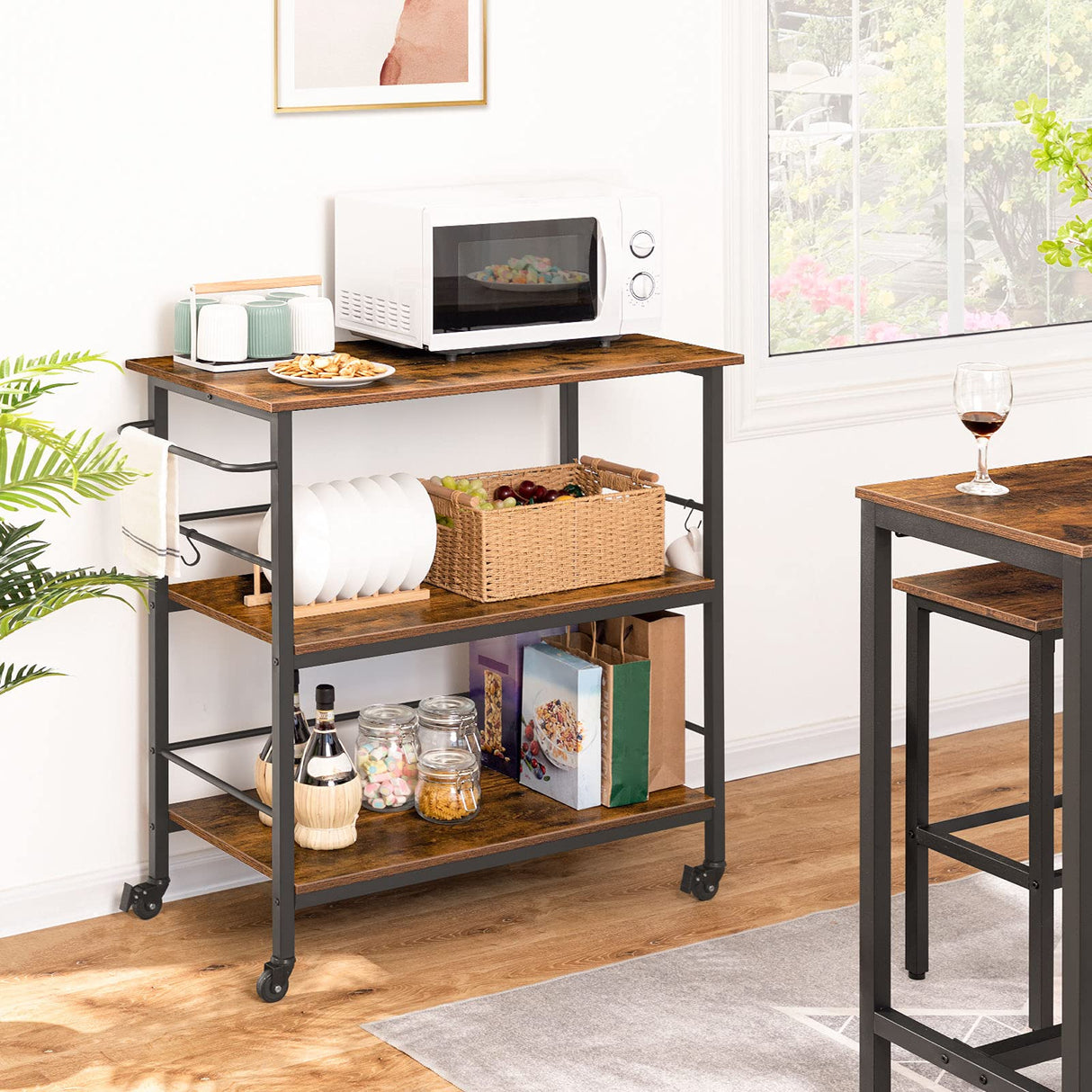 HOOBRO Kitchen Island with Storage,Industrial Kitchen Counter with Hooks and Side Enclosures, 3 Tier Kitchen Cart with Large Workstation, Saving Space, Easy Assembly, Rustic Brown and Black BF03ZD01 HOOBRO