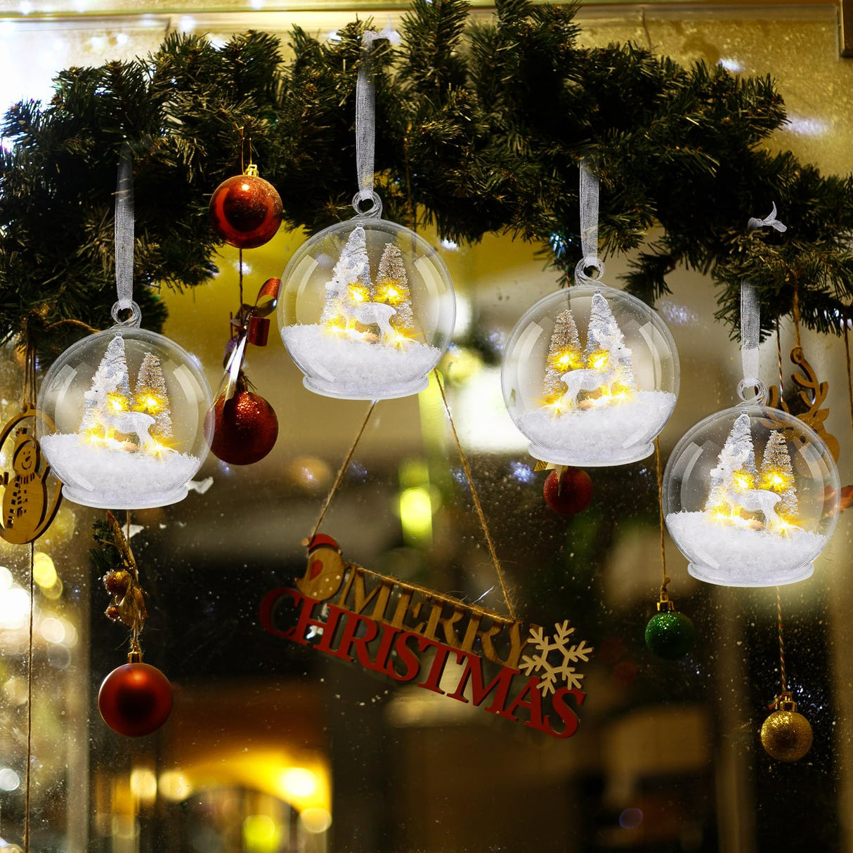 Syhood 4 Christmas Elk Crystal Ball Light up Reindeer Tree Ornaments 4 Inch LED Hanging Ball Lamp for Christmas Tree Memorial Gift LED Light Xmas Holiday Decorations Syhood