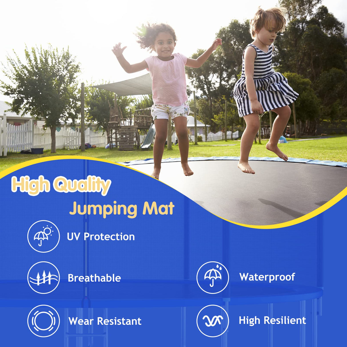 GYMAX Trampoline Mat, 8FT/10FT/12FT/14FT/15FT/16FT Trampoline Accessories Replacement Mat with 42/54/72/80/96/108 V-Rings & 8 Row Stitch, Using 5"-7" Springs, Anti-UV Wear-resistant Jumping Mat (14FT) GYMAX