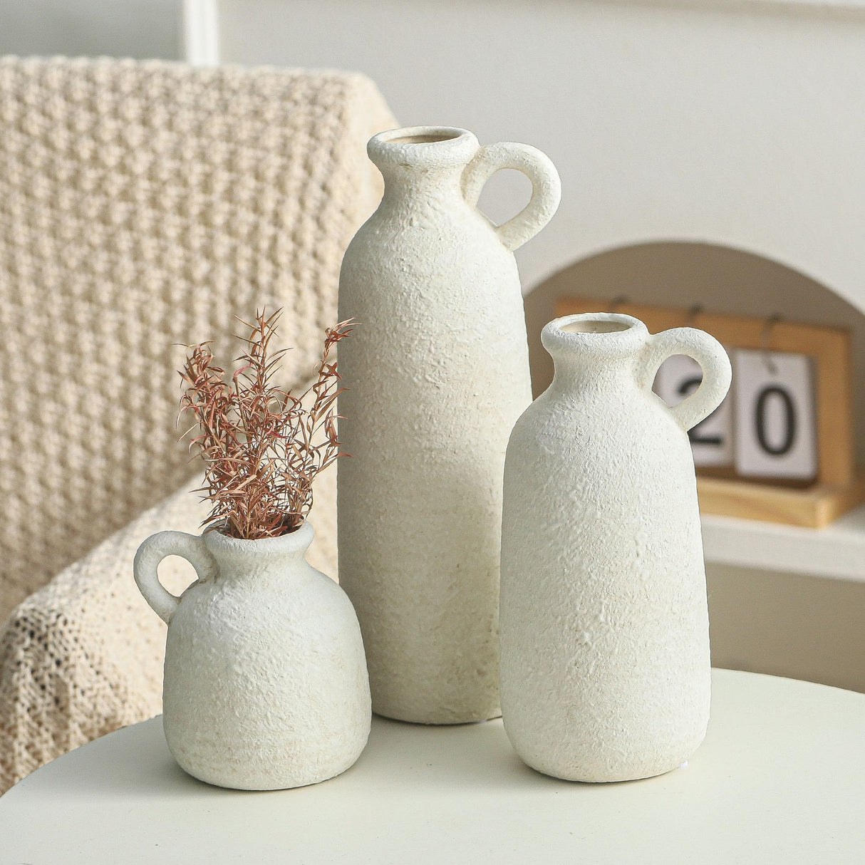 Ceramic Vase Set of 3 with Handle, Neutral Rustic Vases Home Decor Farmhouse Decorative Vase Whitewashed Pottery Decor Modern for Table Mantel Entryway Bookshelf Living Room Kitchen Bedroom - White ooit